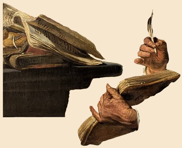 Jacob Jordaens – Les Quatre Évangélistes – détails : les livres isolés – montage Sandrine Delenne