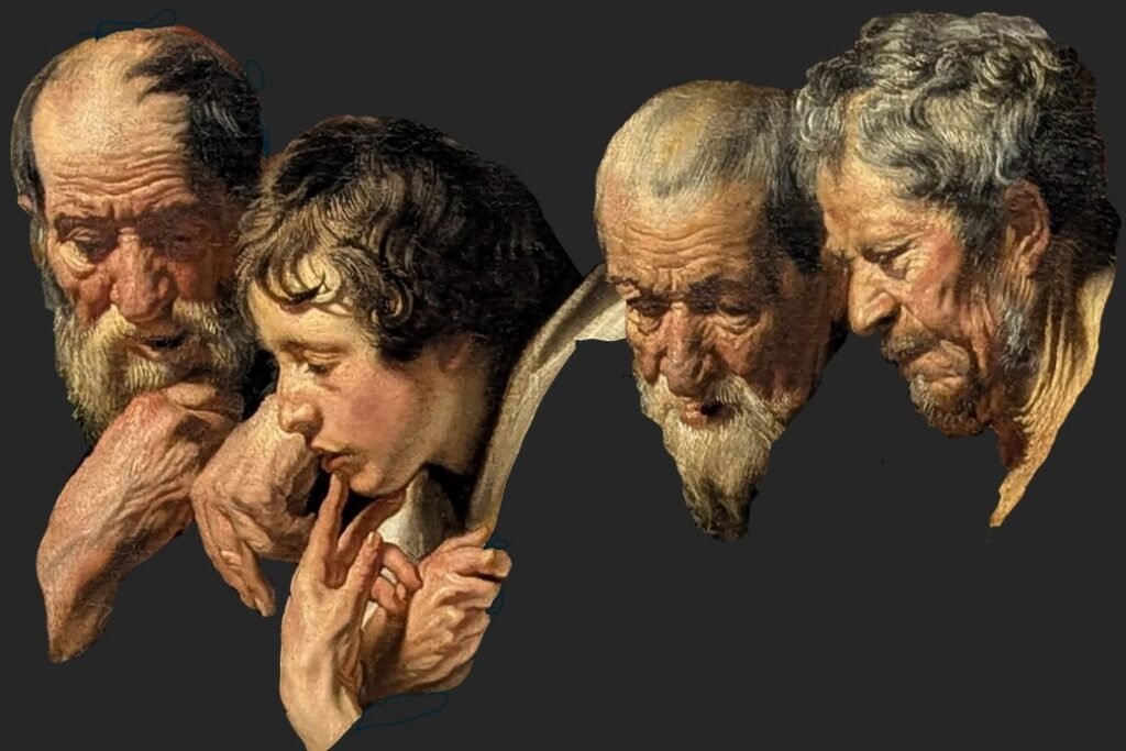Jacob Jordaens – Les Quatre Évangélistes - détail : les quatre visages isolés sur fond sombre – montage Sandrine Delenne