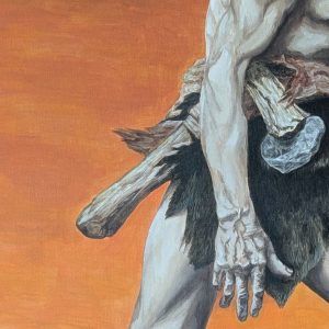 tableau Caïn vagabond par Sandrine Delenne Art-sd. Détail main droite, hache, peau de bête