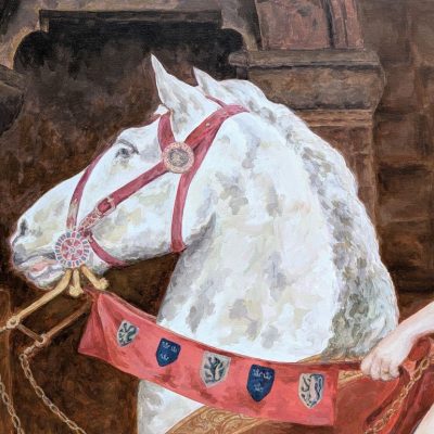 tableau Lady Godiva par Sandrine Delenne Art-sd. Détail cheval blanc et blasons