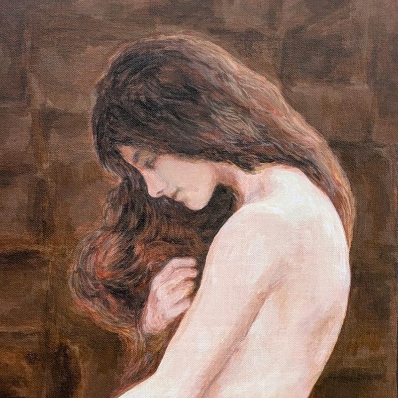 tableau Lady Godiva par Sandrine Delenne Art-sd. Détail visage Lady Godiva, chevelure et main droite