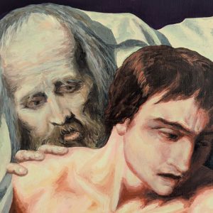 tableau Le Déluge de Art-sd Sandrine Delenne : détail sur deux visages : vieillard et jeune homme