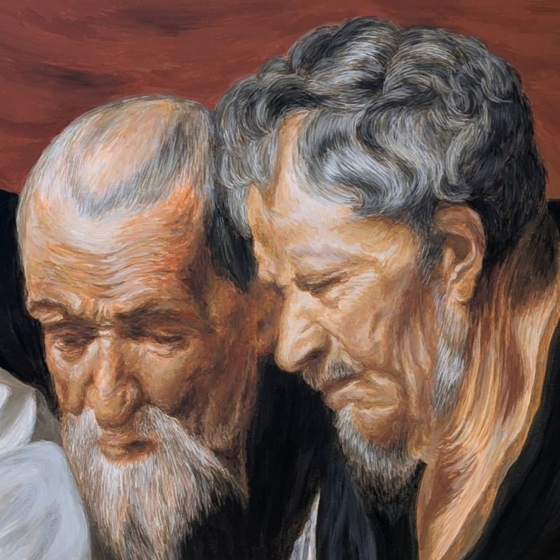tableau Quatre sages par Sandrine Delenne Art-sd. Détail des deux visages de droite