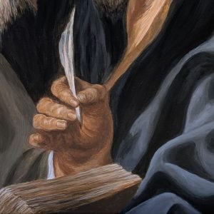 tableau Quatre sages par Sandrine Delenne Art-sd. Détail main qui tient la plume et livre
