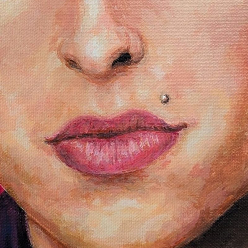 tableau Amy Winehouse par Sandrine Delenne Art-sd. Détail bouche, piercing