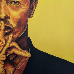 tableau David Bowie de Art-sd Sandrine Delenne : détail le cadrage décalé, partie gauche du visage, et fond jaune