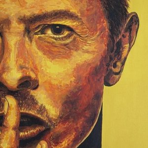 tableau David Bowie de Art-sd Sandrine Delenne : détail le cadrage décalé, partie gauche du visage, et fond jaune
