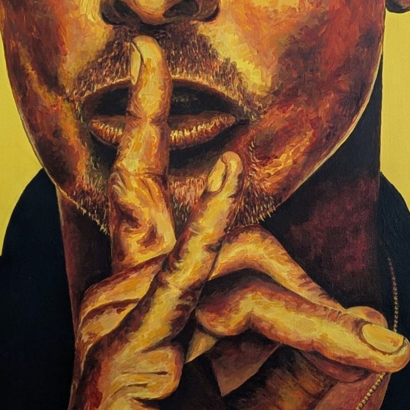 tableau David Bowie de Art-sd Sandrine Delenne : détail sur la bouche et la main qui fait "chut"