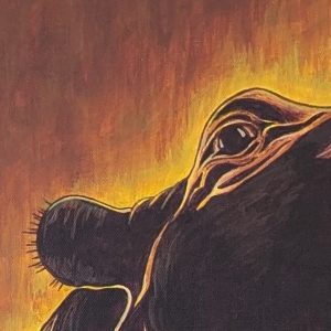 tableau Art-sd Sandrine Delenne - Hippopotame #1 - détail de l'œil et oreille de l'animal, avec le fond en éclair lumineux