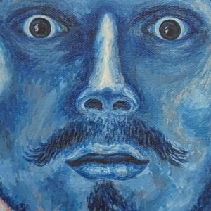détail du tableau Le Désespéré #2 de Art-sd Sandrine Delenne : gros plan sur le visage, yeux nez bouche, tout en couleur bleue