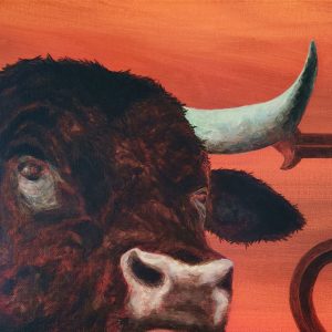 tableau Taureau de Camargue par Sandrine Delenne Art-sd. Détail tête du taureau, yeux, museau, oreille, corne