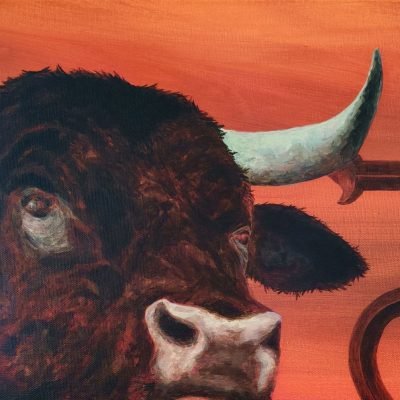 tableau Taureau de Camargue par Sandrine Delenne Art-sd. Détail tête du taureau, yeux, museau, oreille, corne